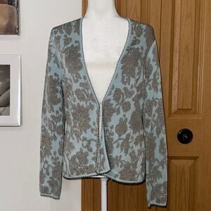 SIGRID OLDSEN Cardigan Sweater Aqua Taupe Sz Medium Boho Floral Silk Open Front